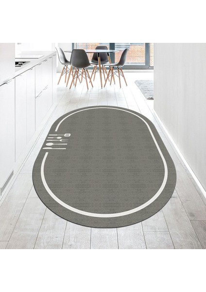 Dijital Baskılı Kaymaz Taban Yıkanabilir Oval Mutfak Halısı Yolluk, V-O-Mutfak-06-Gri,