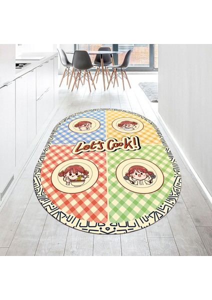 Dijital Baskılı Kaymaz Taban Yıkanabilir Oval Mutfak Halısı Yolluk, V-O-Mutfak-36-Krem,
