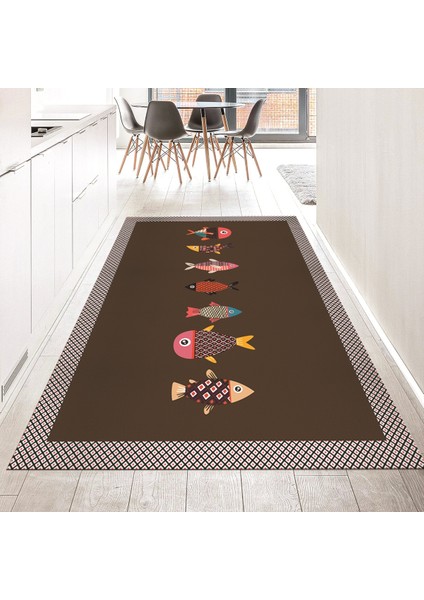 Dijital Baskılı Kaymaz Taban Yıkanabilir Mutfak Halısı Yolluk, V-Mutfak-11-Kahve,