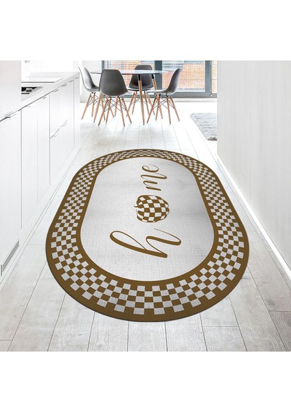 Dijital Baskılı Kaymaz Taban Yıkanabilir Oval Mutfak Halısı Yolluk, V-O-Mutfak-12-Kahve,