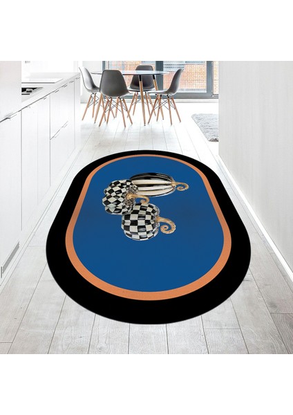 Dijital Baskılı Kaymaz Taban Yıkanabilir Oval Mutfak Halısı Yolluk, V-O-Mutfak-13-Mavi,