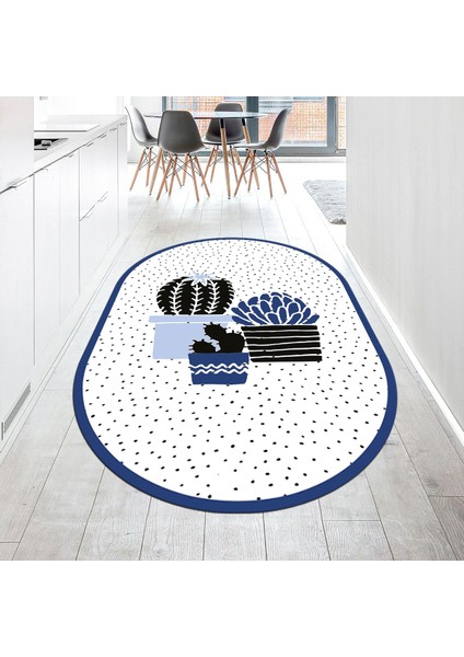 Dijital Baskılı Kaymaz Taban Yıkanabilir Oval Mutfak Halısı Yolluk, V-O-Mutfak-38-Mavi,