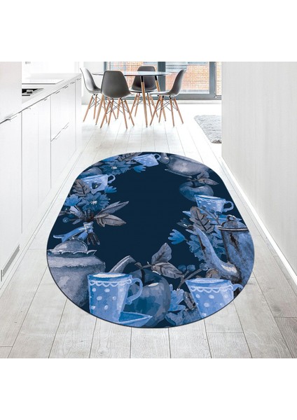 Dijital Baskılı Kaymaz Taban Yıkanabilir Oval Mutfak Halısı Yolluk, V-O-Mutfak-25-Mavi,