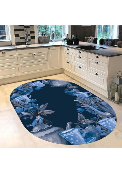 Dijital Baskılı Kaymaz Taban Yıkanabilir Oval Mutfak Halısı Yolluk, V-O-Mutfak-25-Mavi, fiyatları