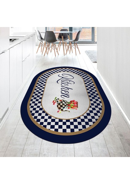 Dijital Baskılı Kaymaz Taban Yıkanabilir Oval Mutfak Halısı Yolluk, V-O-Mutfak-48-Lacivert,