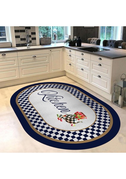 Dijital Baskılı Kaymaz Taban Yıkanabilir Oval Mutfak Halısı Yolluk, V-O-Mutfak-48-Lacivert, fiyatları