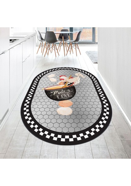 Dijital Baskılı Kaymaz Taban Yıkanabilir Oval Mutfak Halısı Yolluk, V-O-Mutfak-08-Siyah,