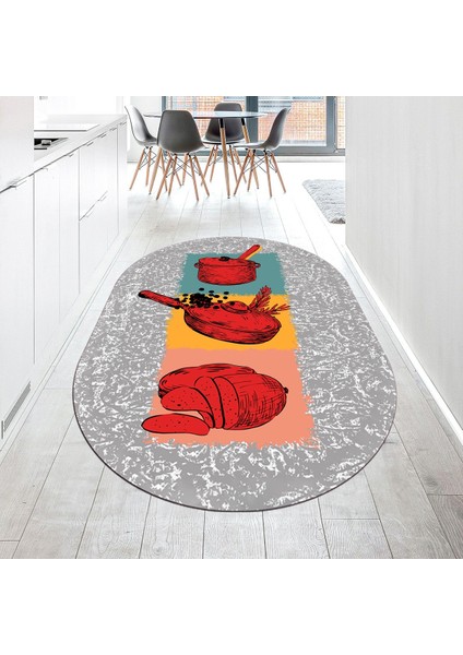 Dijital Baskılı Kaymaz Taban Yıkanabilir Oval Mutfak Halısı Yolluk, V-O-Mutfak-45-Kırmızı,