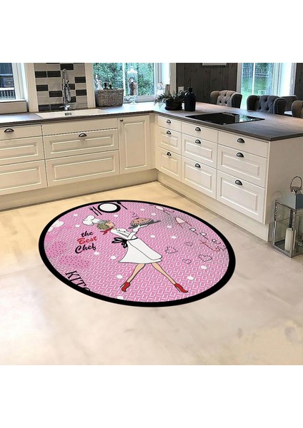 Dijital Baskılı Kaymaz Taban Yıkanabilir Yuvarlak Mutfak Halısı Yolluk, V-Y-Mutfak-03-Pembe,