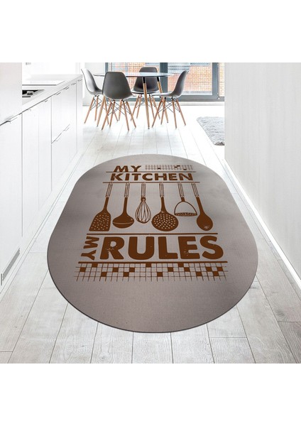 Dijital Baskılı Kaymaz Taban Yıkanabilir Oval Mutfak Halısı Yolluk, V-O-Mutfak-47-Kahve,
