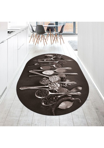 Dijital Baskılı Kaymaz Taban Yıkanabilir Oval Mutfak Halısı Yolluk, V-O-Mutfak-33-Vizon,