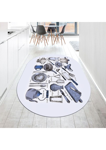 Dijital Baskılı Kaymaz Taban Yıkanabilir Oval Mutfak Halısı Yolluk, V-O-Mutfak-35-Mavi,