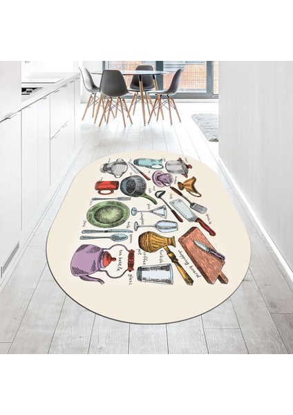 Dijital Baskılı Kaymaz Taban Yıkanabilir Oval Mutfak Halısı Yolluk, V-O-Mutfak-35-Renkli,