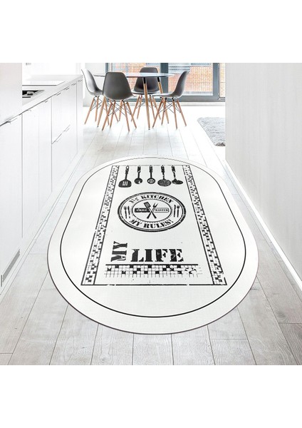 Dijital Baskılı Kaymaz Taban Yıkanabilir Oval Mutfak Halısı Yolluk, V-O-Mutfak-50-Beyaz,