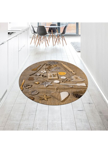 Dijital Baskılı Kaymaz Taban Yıkanabilir Yuvarlak Mutfak Halısı Yolluk, V-Y-Mutfak-16-Kahve,