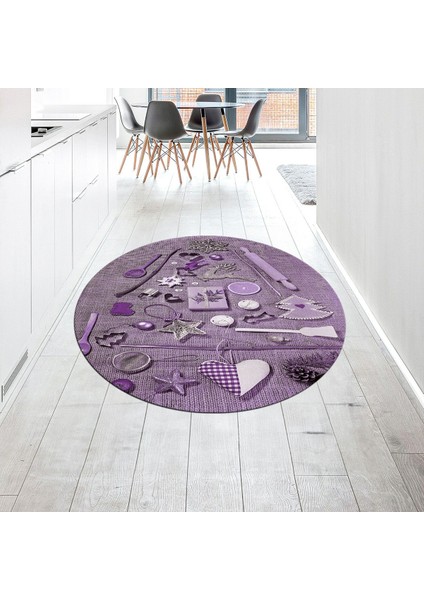 Dijital Baskılı Kaymaz Taban Yıkanabilir Yuvarlak Mutfak Halısı Yolluk, V-Y-Mutfak-16-Mor,