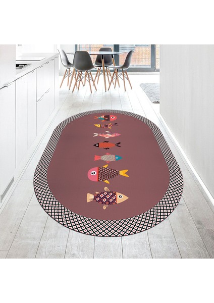 Dijital Baskılı Kaymaz Taban Yıkanabilir Oval Mutfak Halısı Yolluk, V-O-Mutfak-11-Pembe,