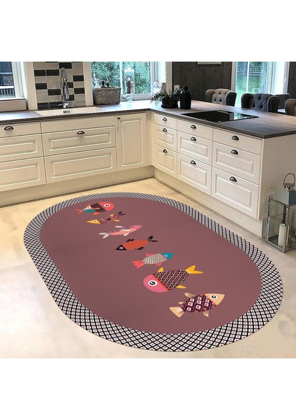 Dijital Baskılı Kaymaz Taban Yıkanabilir Oval Mutfak Halısı Yolluk, V-O-Mutfak-11-Pembe,