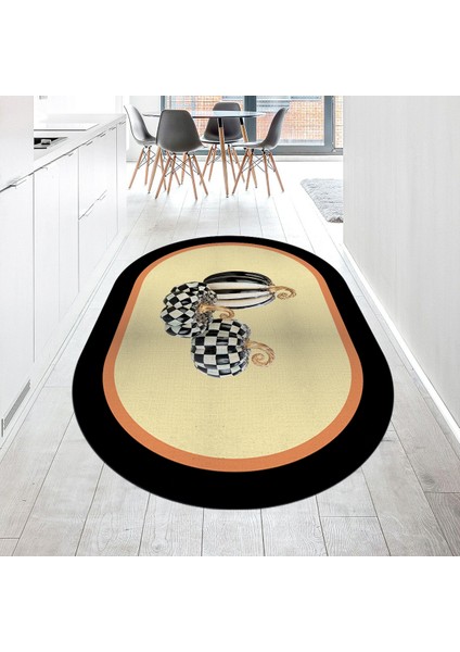 Dijital Baskılı Kaymaz Taban Yıkanabilir Oval Mutfak Halısı Yolluk, V-O-Mutfak-13-Krem,