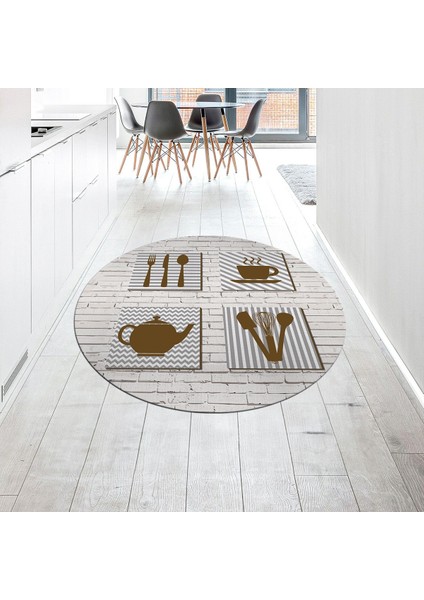 Dijital Baskılı Kaymaz Taban Yıkanabilir Yuvarlak Mutfak Halısı Yolluk, V-Y-Mutfak-14-Kahve,