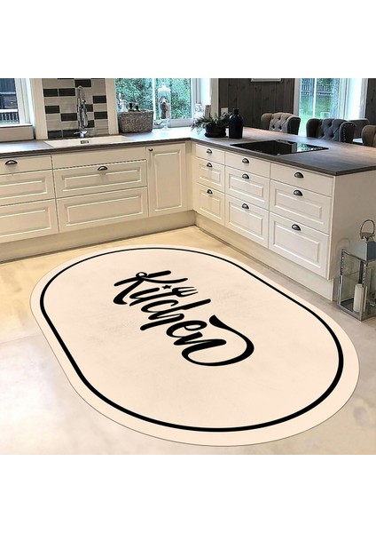 Dijital Baskılı Kaymaz Taban Yıkanabilir Oval Mutfak Halısı Yolluk, V-O-Mutfak-42-Krem,