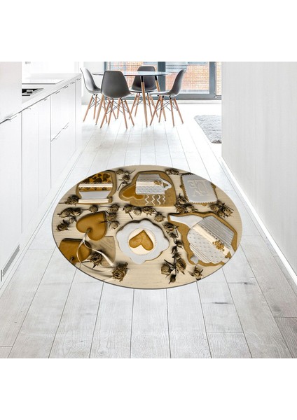 Dijital Baskılı Kaymaz Taban Yıkanabilir Yuvarlak Mutfak Halısı Yolluk, V-Y-Mutfak-34-Kahve,