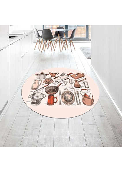 Dijital Baskılı Kaymaz Taban Yıkanabilir Yuvarlak Mutfak Halısı Yolluk, V-Y-Mutfak-35-Turuncu,