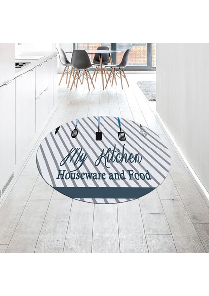 Dijital Baskılı Kaymaz Taban Yıkanabilir Yuvarlak Mutfak Halısı Yolluk, V-Y-Mutfak-32-Mavi,