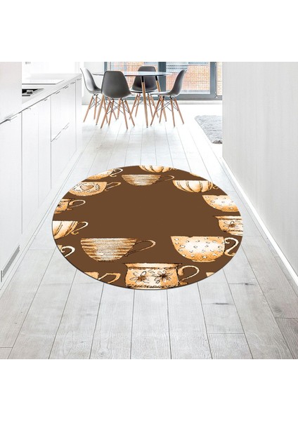 Dijital Baskılı Kaymaz Taban Yıkanabilir Yuvarlak Mutfak Halısı Yolluk, V-Y-Mutfak-26-Kahve,