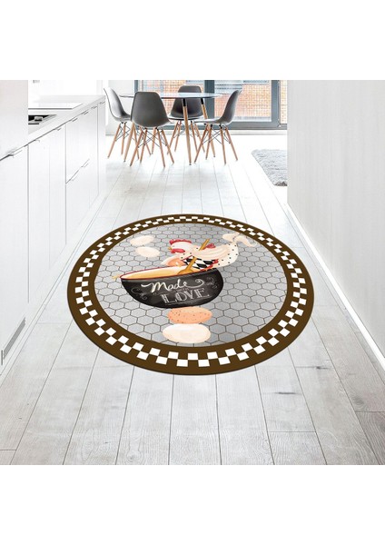 Dijital Baskılı Kaymaz Taban Yıkanabilir Yuvarlak Mutfak Halısı Yolluk, V-Y-Mutfak-08-Kahve,