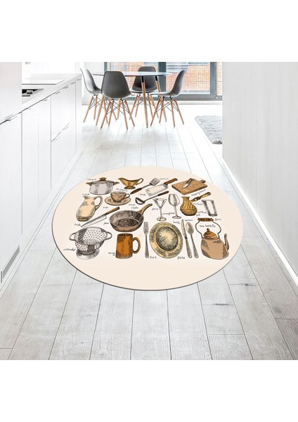 Dijital Baskılı Kaymaz Taban Yıkanabilir Yuvarlak Mutfak Halısı Yolluk, V-Y-Mutfak-35-Kahve,
