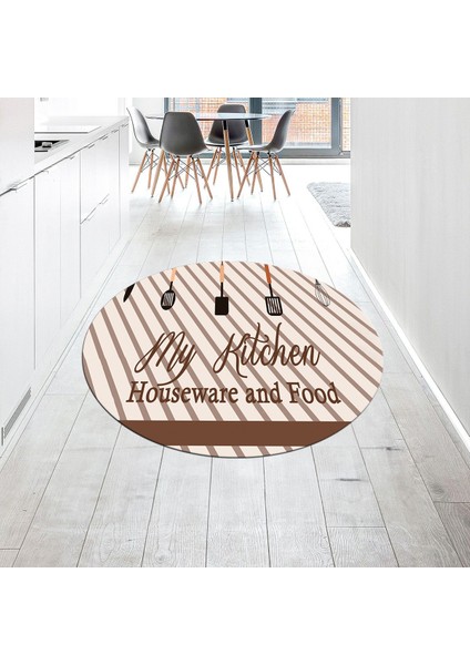 Dijital Baskılı Kaymaz Taban Yıkanabilir Yuvarlak Mutfak Halısı Yolluk, V-Y-Mutfak-32-Kahve,