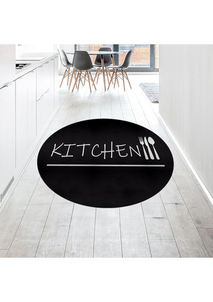 Dijital Baskılı Kaymaz Taban Yıkanabilir Yuvarlak Mutfak Halısı Yolluk, V-Y-Mutfak-49-Siyah,