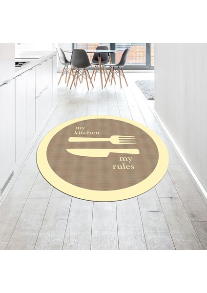 Dijital Baskılı Kaymaz Taban Yıkanabilir Yuvarlak Mutfak Halısı Yolluk, V-Y-Mutfak-09-Krem,
