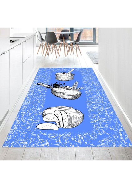 Dijital Baskılı Kaymaz Taban Yıkanabilir Mutfak Halısı Yolluk, V-Mutfak-45-Mavi,