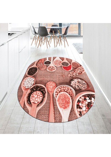 Dijital Baskılı Kaymaz Taban Yıkanabilir Oval Mutfak Halısı Yolluk, V-O-Mutfak-29-Pembe,