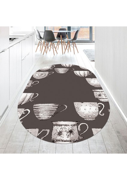 Dijital Baskılı Kaymaz Taban Yıkanabilir Oval Mutfak Halısı Yolluk, V-O-Mutfak-26-Vizon,