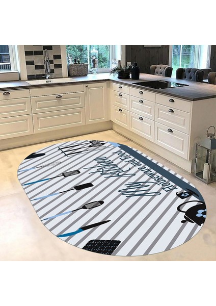 Dijital Baskılı Kaymaz Taban Yıkanabilir Oval Mutfak Halısı Yolluk, V-O-Mutfak-32-Mavi,