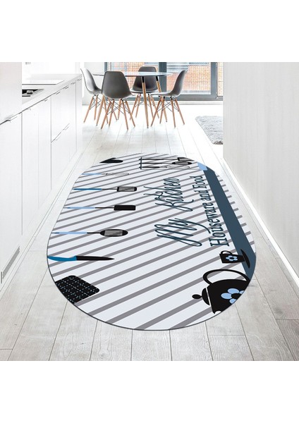 Dijital Baskılı Kaymaz Taban Yıkanabilir Oval Mutfak Halısı Yolluk, V-O-Mutfak-32-Mavi,