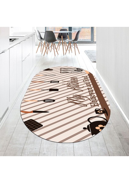 Dijital Baskılı Kaymaz Taban Yıkanabilir Oval Mutfak Halısı Yolluk, V-O-Mutfak-32-Kahve,