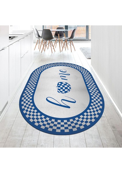 Dijital Baskılı Kaymaz Taban Yıkanabilir Oval Mutfak Halısı Yolluk, V-O-Mutfak-12-Mavi,