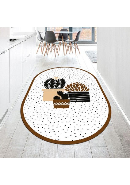 Dijital Baskılı Kaymaz Taban Yıkanabilir Oval Mutfak Halısı Yolluk, V-O-Mutfak-38-Kahve,