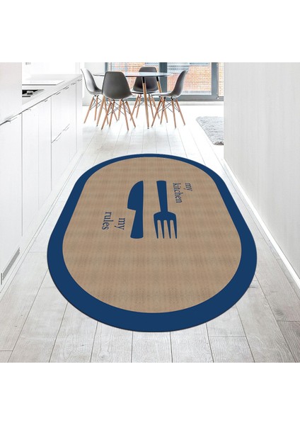 Dijital Baskılı Kaymaz Taban Yıkanabilir Oval Mutfak Halısı Yolluk, V-O-Mutfak-09-Mavi,