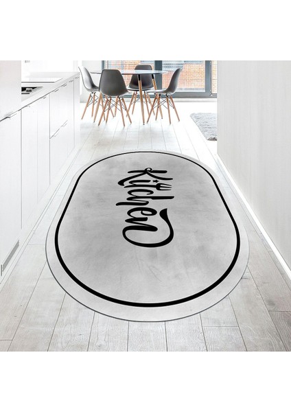 Dijital Baskılı Kaymaz Taban Yıkanabilir Oval Mutfak Halısı Yolluk, V-O-Mutfak-42-Gri,