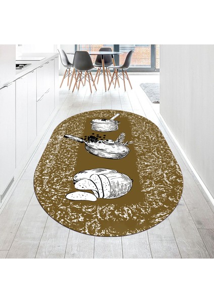 Dijital Baskılı Kaymaz Taban Yıkanabilir Oval Mutfak Halısı Yolluk, V-O-Mutfak-45-Kahve,