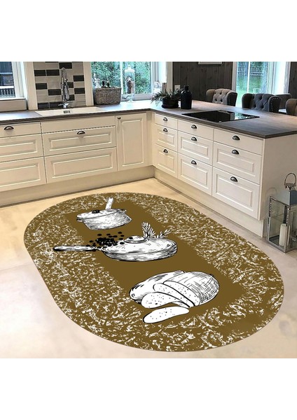 Dijital Baskılı Kaymaz Taban Yıkanabilir Oval Mutfak Halısı Yolluk, V-O-Mutfak-45-Kahve, fiyatları