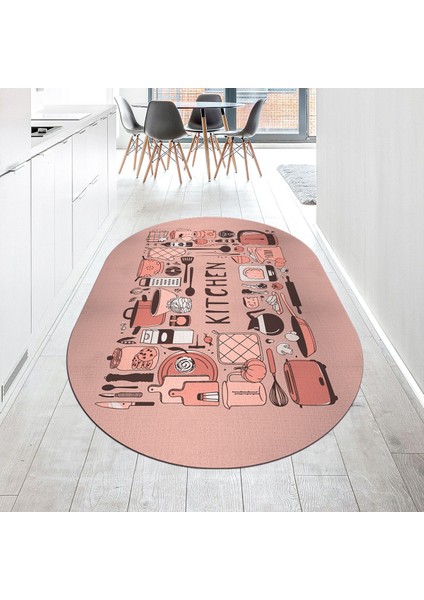 Dijital Baskılı Kaymaz Taban Yıkanabilir Oval Mutfak Halısı Yolluk, V-O-Mutfak-17-Pembe,