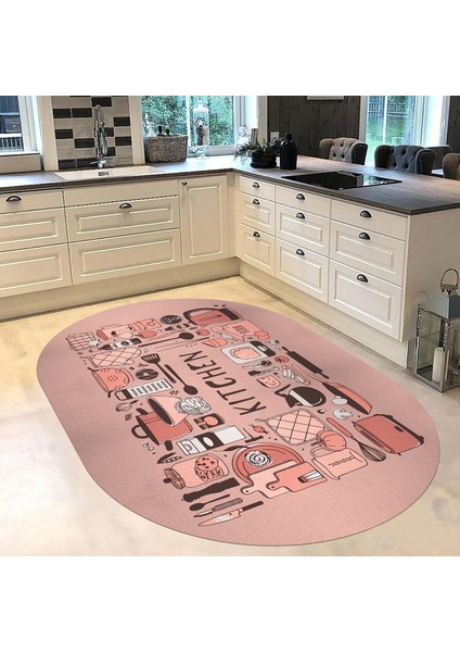 Dijital Baskılı Kaymaz Taban Yıkanabilir Oval Mutfak Halısı Yolluk, V-O-Mutfak-17-Pembe, fiyatları