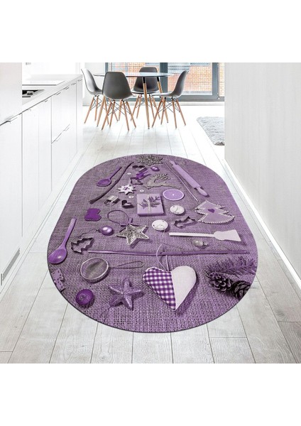 Dijital Baskılı Kaymaz Taban Yıkanabilir Oval Mutfak Halısı Yolluk, V-O-Mutfak-16-Mor,
