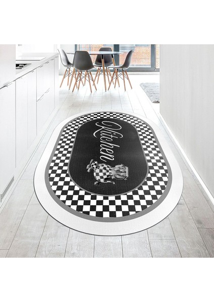 Dijital Baskılı Kaymaz Taban Yıkanabilir Oval Mutfak Halısı Yolluk, V-O-Mutfak-48-Antrasit,